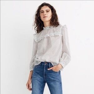 Madewell Mockneck Ruffle Top in Flocked Dot